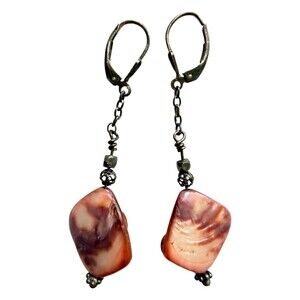 Vintage 925 Sterling Silver Pink Purple Mother of Pearl Shell Dangle Earrings